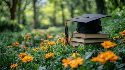 Graduation cap with books, and park flowers.