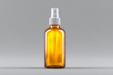 Amber Glass Bottle with White Pump Dispenser on a Gray Background for Liquid Product Packaging