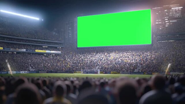 A large green screen scoreboard LED in stands of a crowded soccer arena stadium with light flashes for advertisement seamless looping animation background - Powered by Adobe