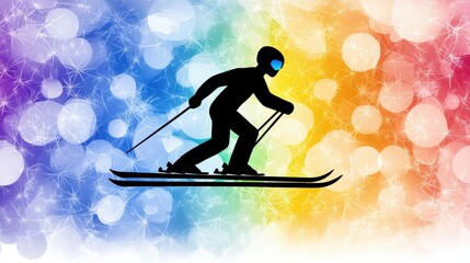 Fototapeta premium Silhouette of a skier gliding down a slope against a vibrant rainbow bokeh background. The image evokes a sense of speed and winter sports