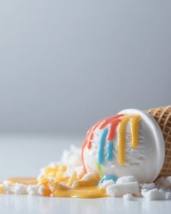 Melting ice cream with colorful toppings spilled.