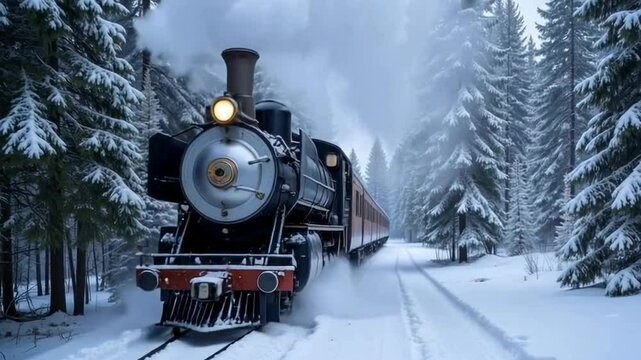 A vintage steam train chugs through a snowy forest landscape, emitting plumes of steam against a serene winter backdrop.