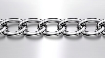 Obraz premium Close up view of a silver chain on a light wood background. The chain is made of oval links, uniformly sized and spaced. The image is well lit