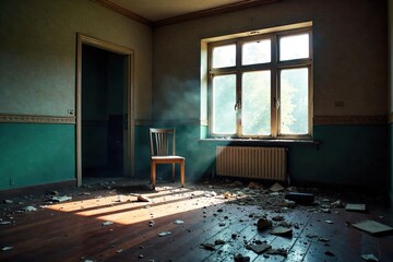 Fototapeta premium A shattered window, a broken chair, and scattered debris litter the floor of a vandalized room, indicative of a violent crime scene , debris, trial, graffiti