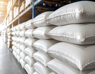 Obraz premium Warehouse Rows of Stacked White Bulk Bags Filled with Grain or Rice