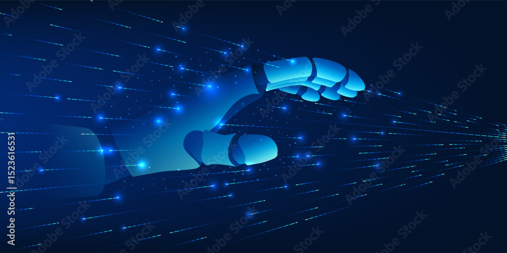 Poster artificial intelligence technology,robotic hand extending through the data line, represents the conn