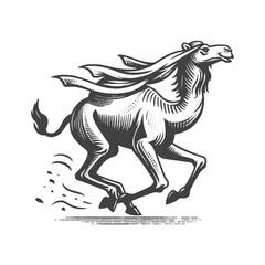 Vintage Hand-Drawn Camel Running Playfully Illustration, Desert Animal Engraved Style Vector for T-Shirts and Wildlife Themes Design