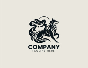 Beautiful Woman Riding a Fox Elegant Fantasy Mystical Illustration Vector Logo Design