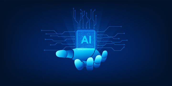 Agent AI Technology Robotic hand holding an AI microchip represents the AI ​​technology embedded in cutting-edge hardware to automatically process and scan data. Intelligent system