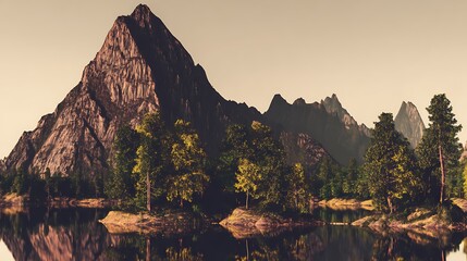 Mountain lake serene forest reflective scene