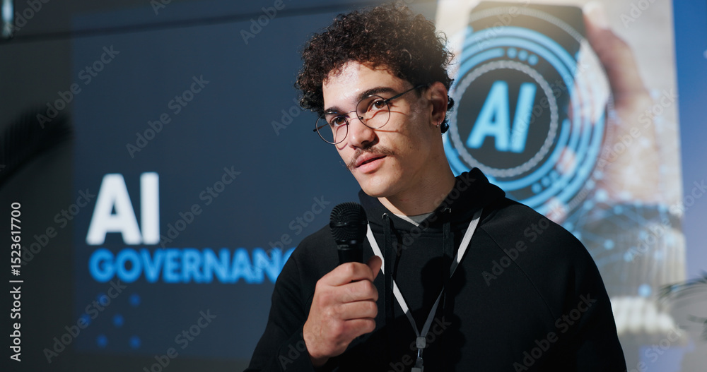 Poster Man, microphone and programmer with speech at conference for AI governance, ethics or rules. Talk, keynote speaker and person at convention for compliance, policy guidelines or presentation at summit