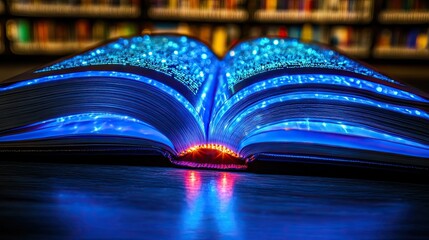Glowing Book with Library Background.