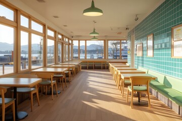 Bright interior dining area with natural light and modern design