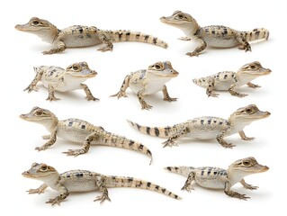 Naklejka premium A group of adorable dwarf caimans are seen in varying poses on a bright white studio background setting today.