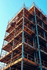 Abstract architectural scaffolding, intricate network of beams and supports, industrial construction detail, metallic framework against a clear sky , graphic, construction, sky