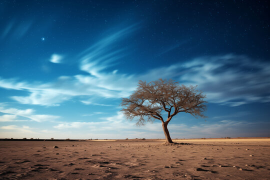 A lone tree in a barren area under a starry night sky.