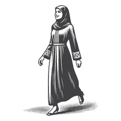 Vintage Hand-Drawn Hijab Style With Face Smiling Illustration, Traditional Clothing Engraved Style Vector for T-Shirts and Cultural Themes Design