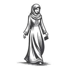 Vintage Hand-Drawn Hijab Style With Face Smiling Illustration, Traditional Clothing Engraved Style Vector for T-Shirts and Cultural Themes Design