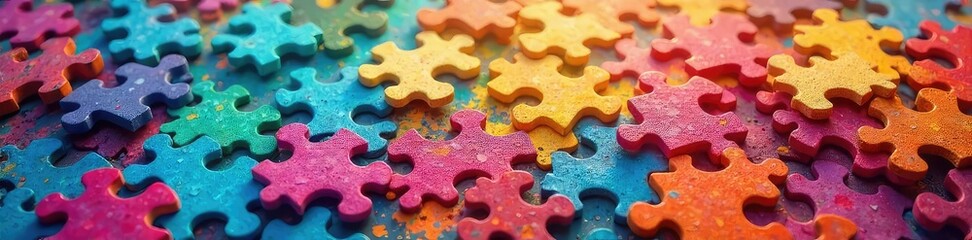 Fototapeta premium A chaotic scattering of brightly colored jigsaw puzzle pieces, some fitting together, others completely separated, creating a sense of unfinished work and confusion , playful, fitting
