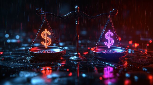 Neon dollar signs on balance scales in rain - Powered by Adobe