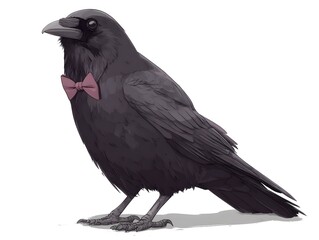 Fototapeta premium A stylized black crow stands elegantly wea a cute pink bow tie on a clean white background illustration.