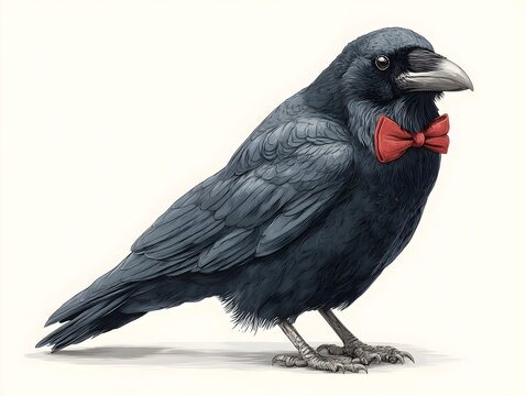 Illustration of a dapper black raven wea a stylish red bow tie against a clean white background today now.