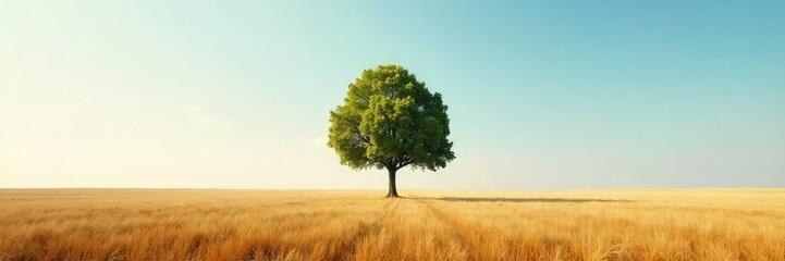 Fototapeta premium A lone, perfectly symmetrical tree stands in a vast, empty field under a clear sky The scene evokes feelings of serenity and isolation, yet also fairness and balance in its composition , nature, calm