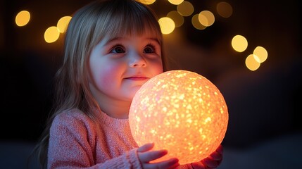 Naklejka premium A young girl gazes at a glowing orb.