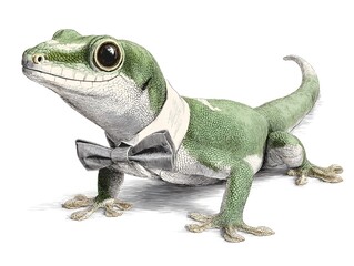 Fototapeta premium A charming green gecko smiles, dressed formally in a bow tie and collar, creating a whical portrait look.