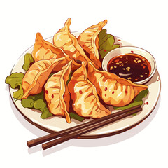 Gyoza Dumplings with Soy Dipping Sauce and Chopsticks
