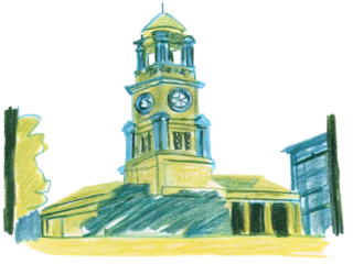 Hand-drawn illustration of a grand clock tower building