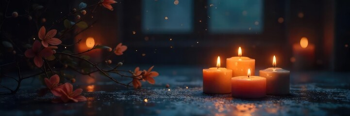 Candles illuminate a darkened room, soft light casting ethereal shadows on a peaceful space A sense of calm and spiritual reflection is evoked , contemplation, energy, ethereal