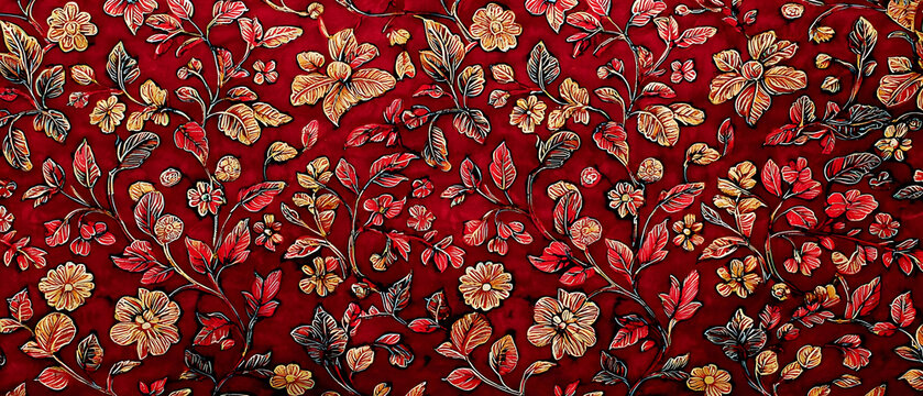 Floral Pattern On Red Textile Fabric
