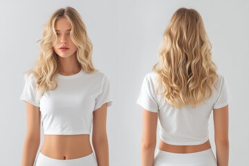 A young woman with long, wavy blonde hair wearing a plain white cropped t-shirt mockup and white pants. The image shows her from the front and back against a neutral background.