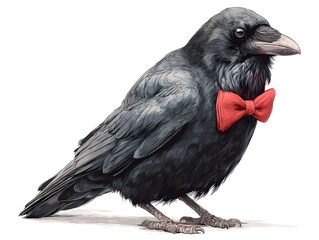 Fototapeta premium A dapper raven poses regally wea a stylish red bow tie against a clean white studio background detail.