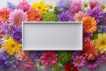 Colorful Flower Frame Background: Vibrant Floral Arrangement with Blank White Rectangle