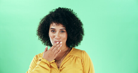 Happy woman, portrait or gossip with afro on green background for oops or drama scandal on space....