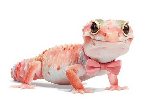 A cute pink gecko with a bowtie poses proudly against a clean white background in a whical portrait art.
