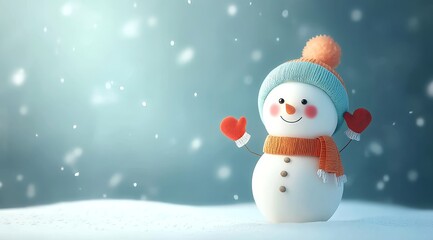 Adorable Snowman Wearing a Blue Hat and Orange Scarf in a Snowy Scene