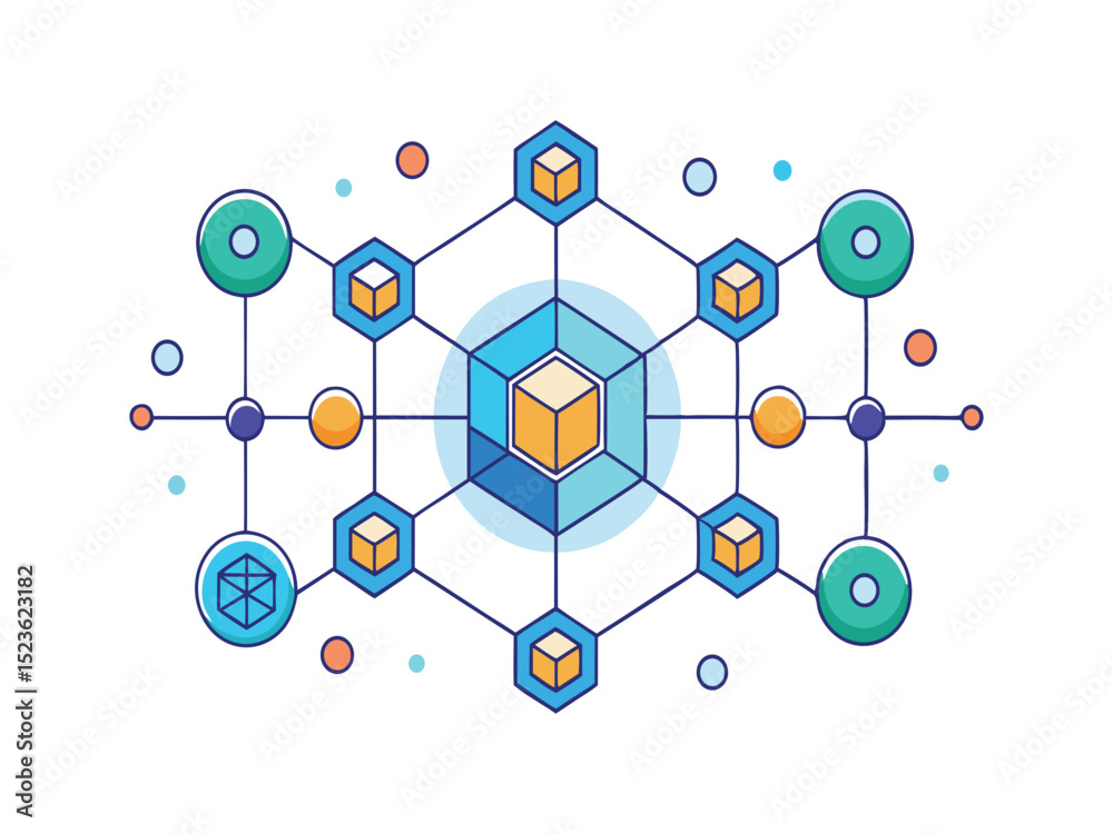 Poster abstract network structure with cubes isolated on white background