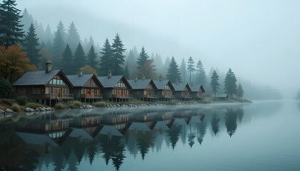 Fototapeta premium Cabins nestled by a misty lake create a serene getaway scene