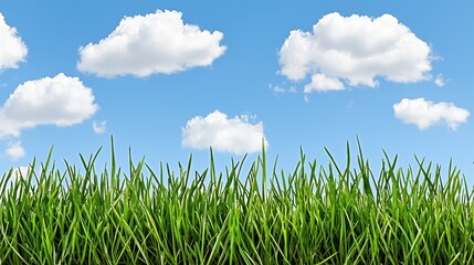 Fototapeta premium Vibrant green grass stretches across the bottom, set against a backdrop of a clear blue sky dotted with fluffy white clouds. The image evokes a