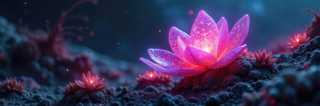 Glowing, bioluminescent alien flora thrives in a harsh, extraterrestrial environment Its intricate, crystalline structure reflects the nebula above , crystals, otherworldly world