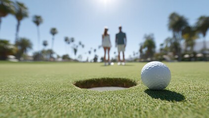 Couple Playing Golf On Sunny Green Course