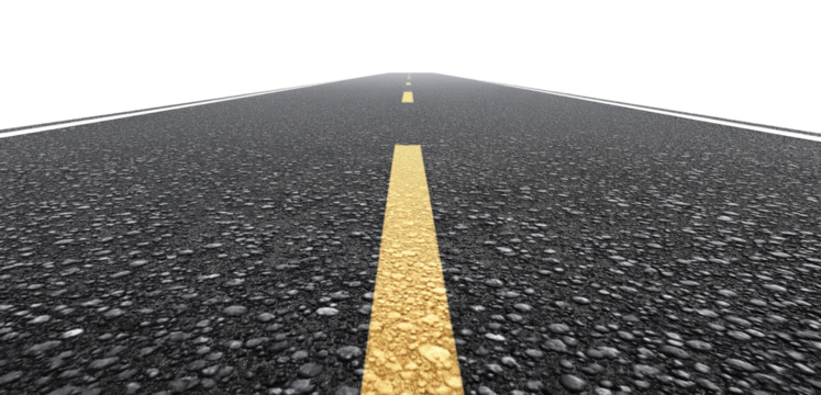 Perspective view of an asphalt road with a yellow center line, isolated on transparent background - Powered by Adobe