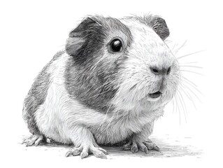 An adorable guinea pig with soft fur is captured in a detailed pencil drawing on a white background now.