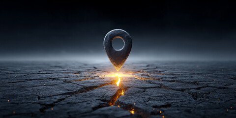 Dark Gray Location Marker On Cracked Surface With Orange-Yellow Light