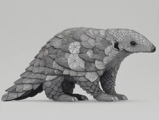 Detailed monochromatic pangolin sculpture with intricate geometric patterns on its overlapping scales displayed.