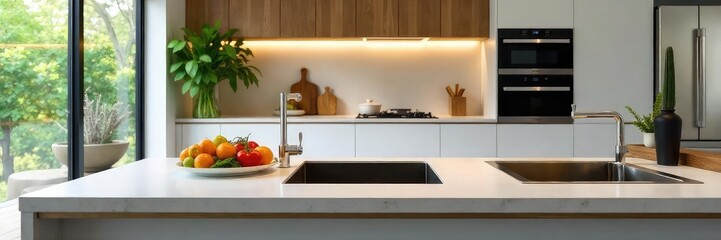 Modern kitchen with sleek integrated sink, clean lines, and ample counter space Perfect for food preparation and stylish home design , kitchen appliance, home improvement