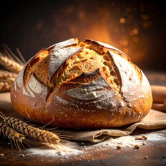 Freshly baked sourdough loaf sitting on a rustic table ready for enjoyment and sharing